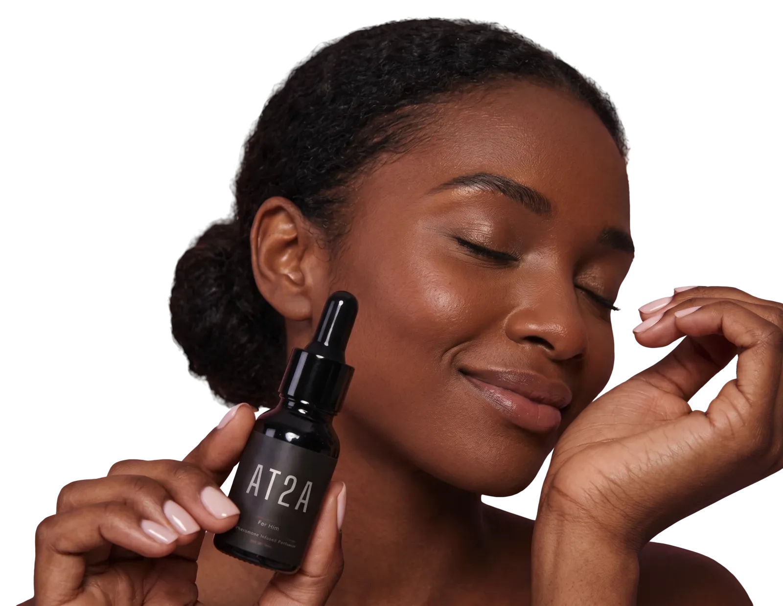 Woman holding AT2A For Him pheromone-infused perfume oil