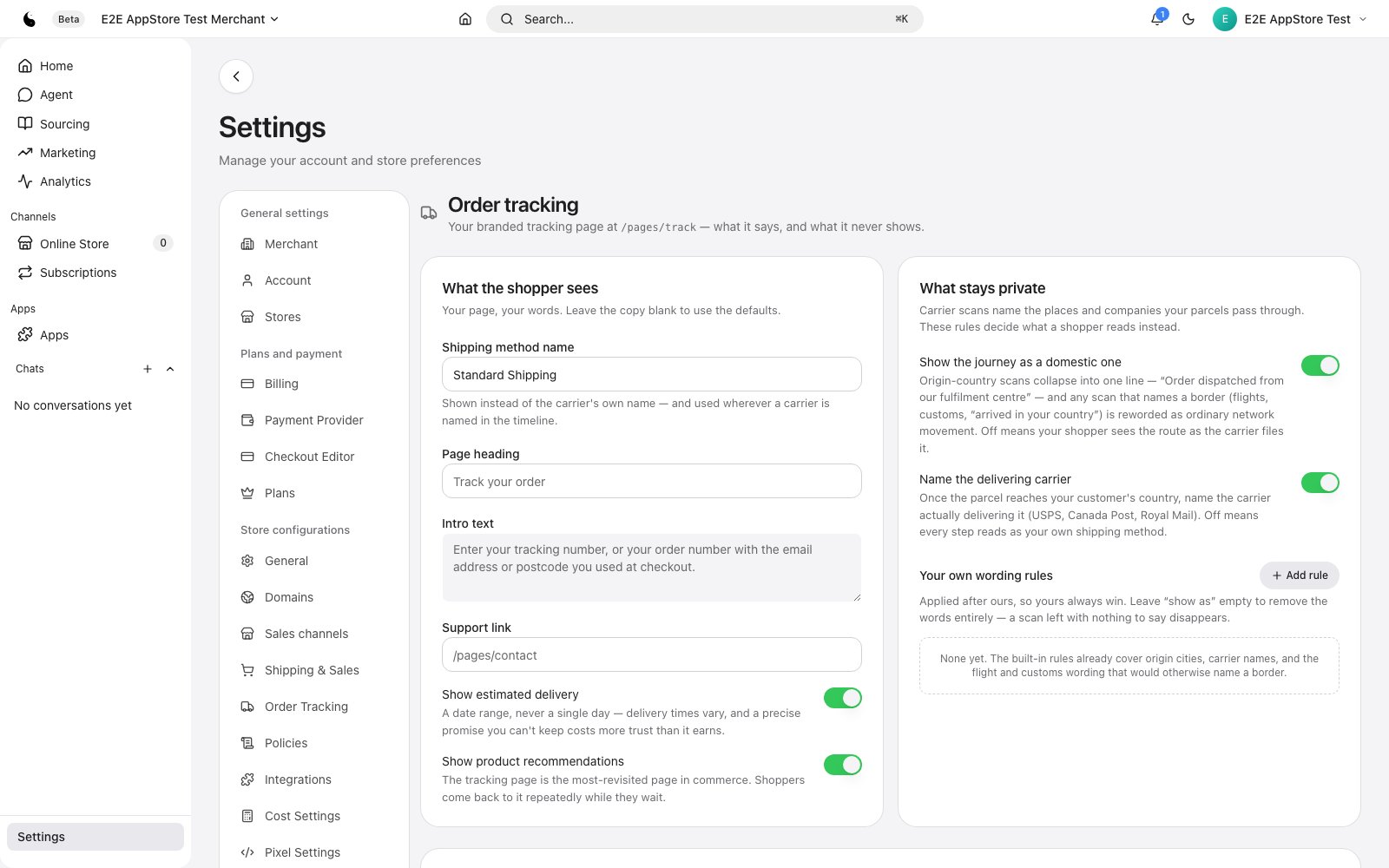 Order tracking settings: what the shopper sees and what stays private