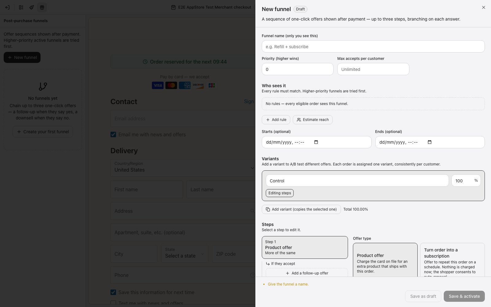 New funnel: targeting, schedule, A/B variants and the step editor with offer types