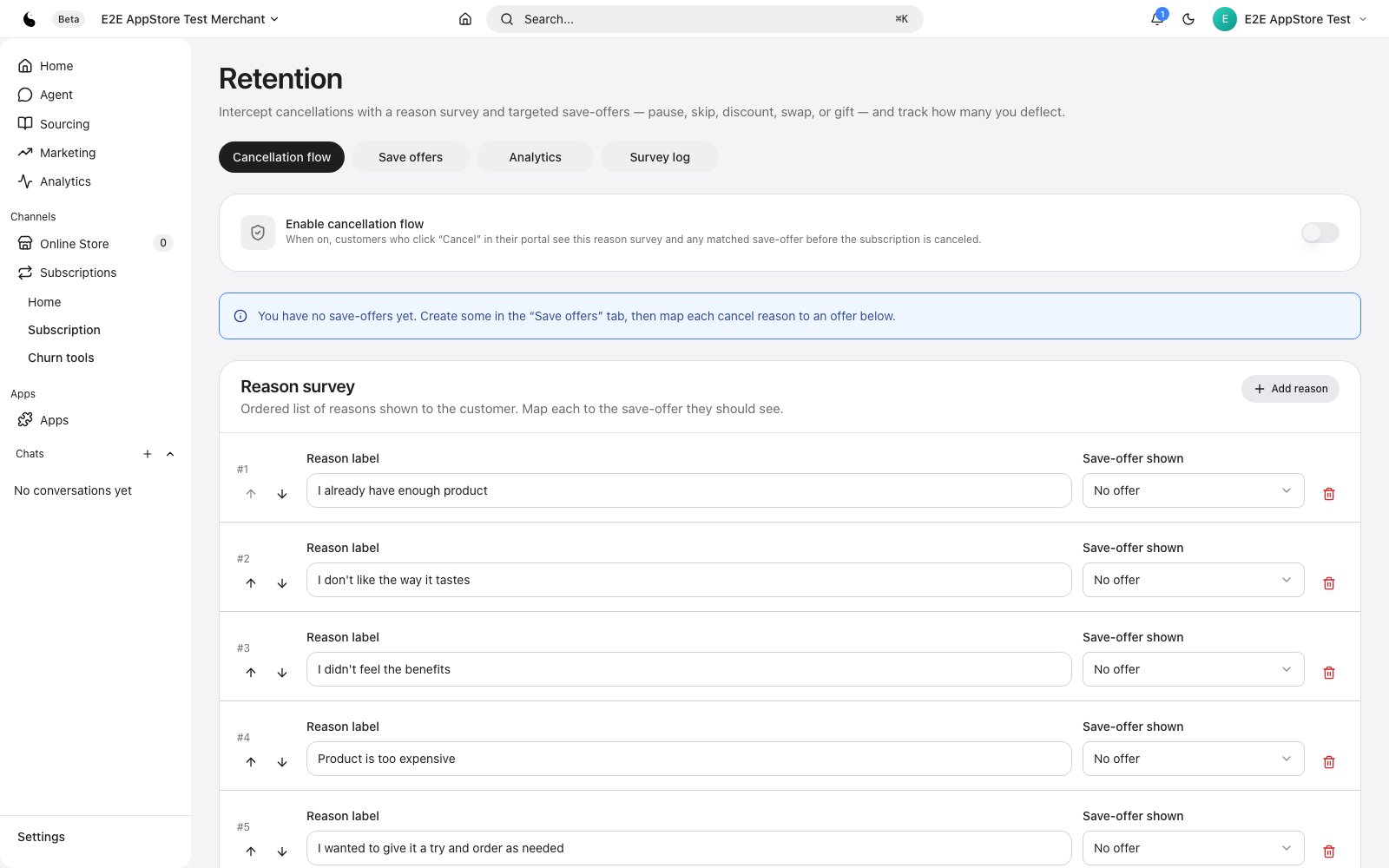 Retention: the cancellation flow with a reason survey, each reason mapped to a save-offer