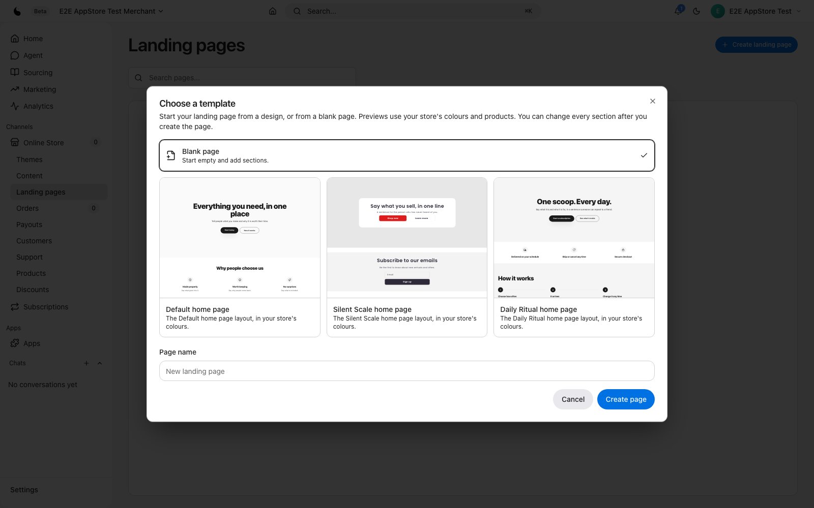 Choose a template: blank page or a designed layout, previewed with the store's colours