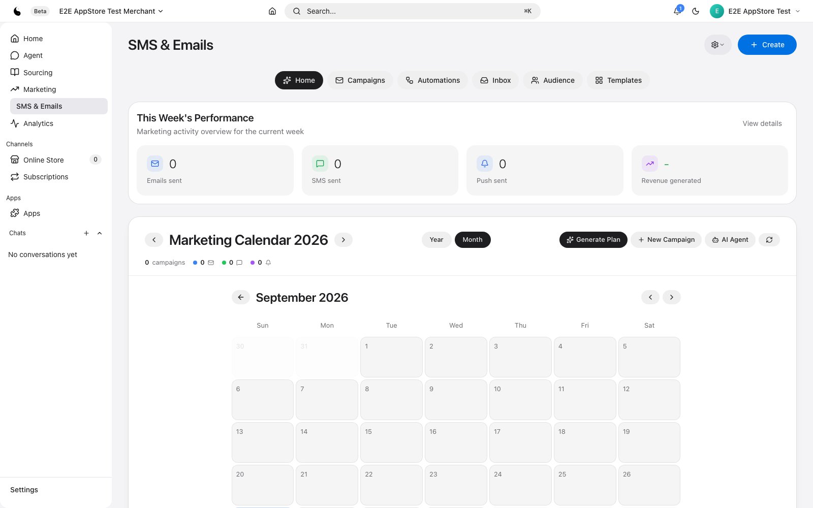 Email & SMS home: this week's sends and the marketing calendar with Generate Plan