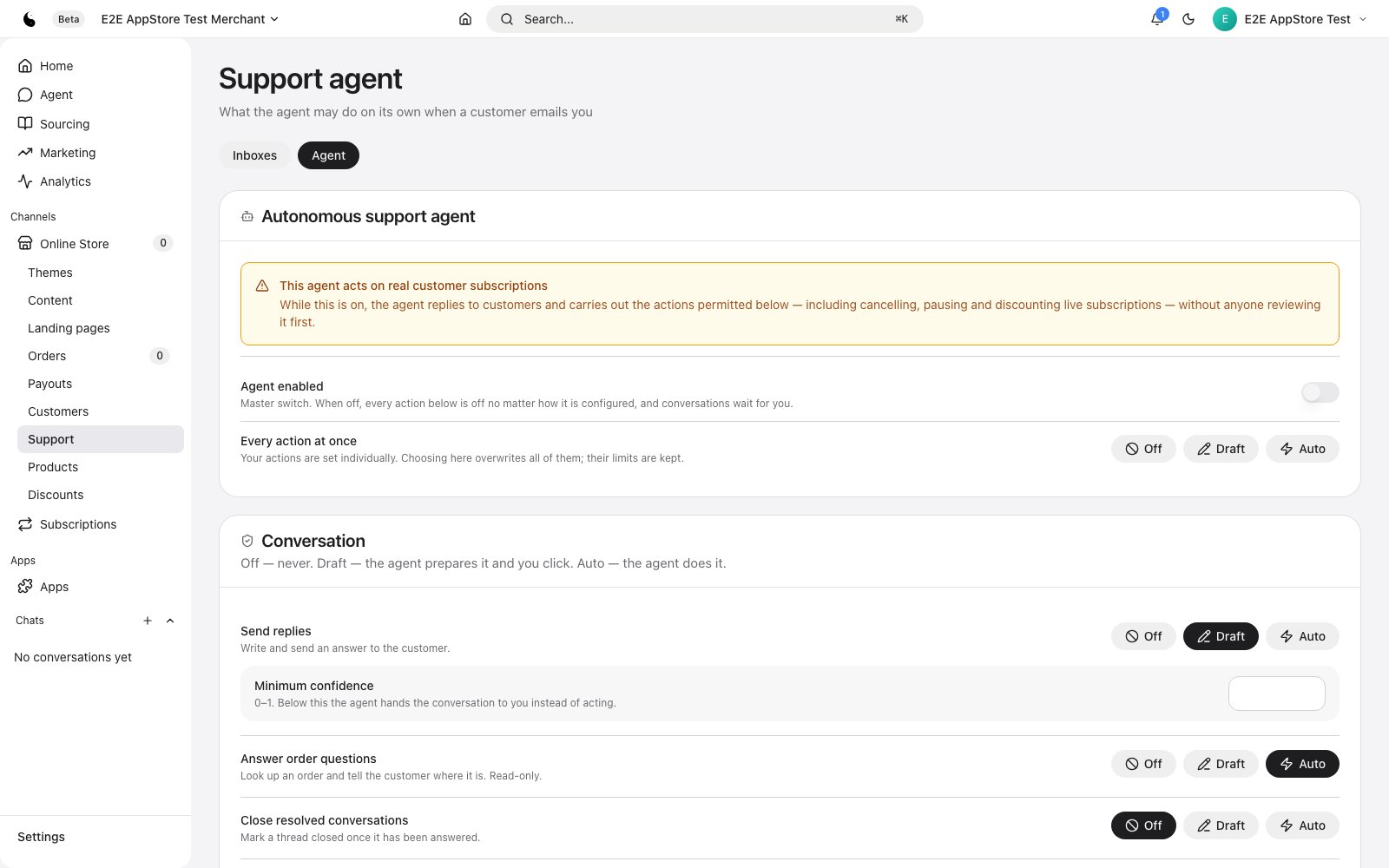 Support agent settings: master switch and Off, Draft or Auto for each conversation action