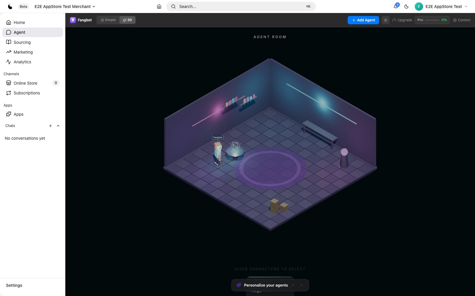 The agent room in the dashboard