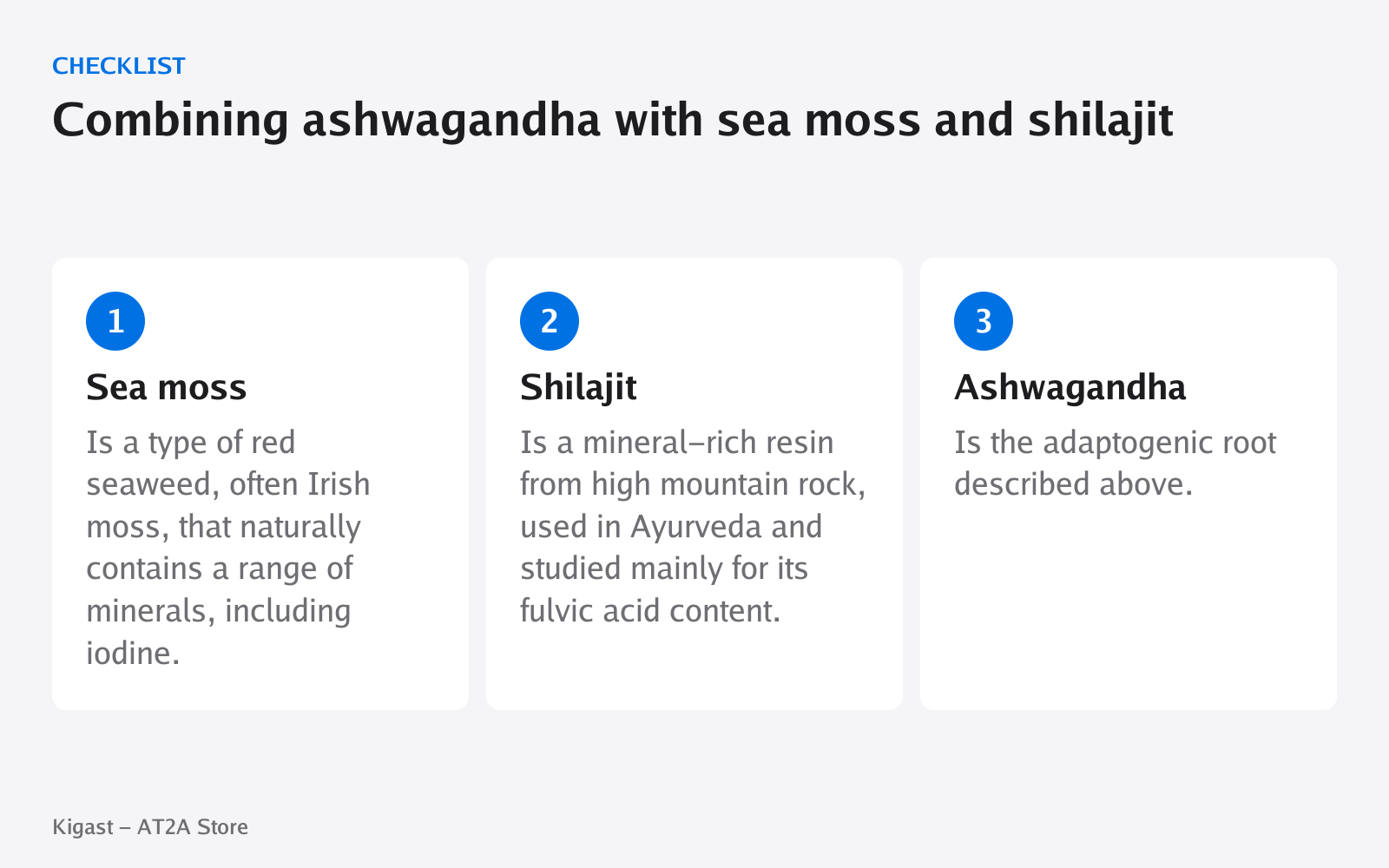 Checklist: Combining ashwagandha with sea moss and shilajit, covering Sea moss, Shilajit, Ashwagandha