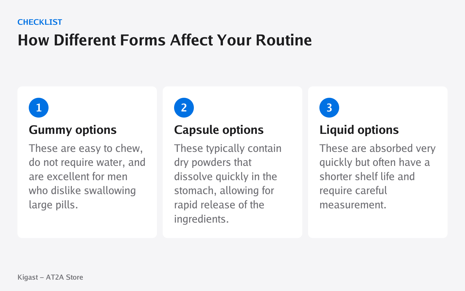 Checklist: How Different Forms Affect Your Routine, covering Gummy options, Capsule options, Liquid options