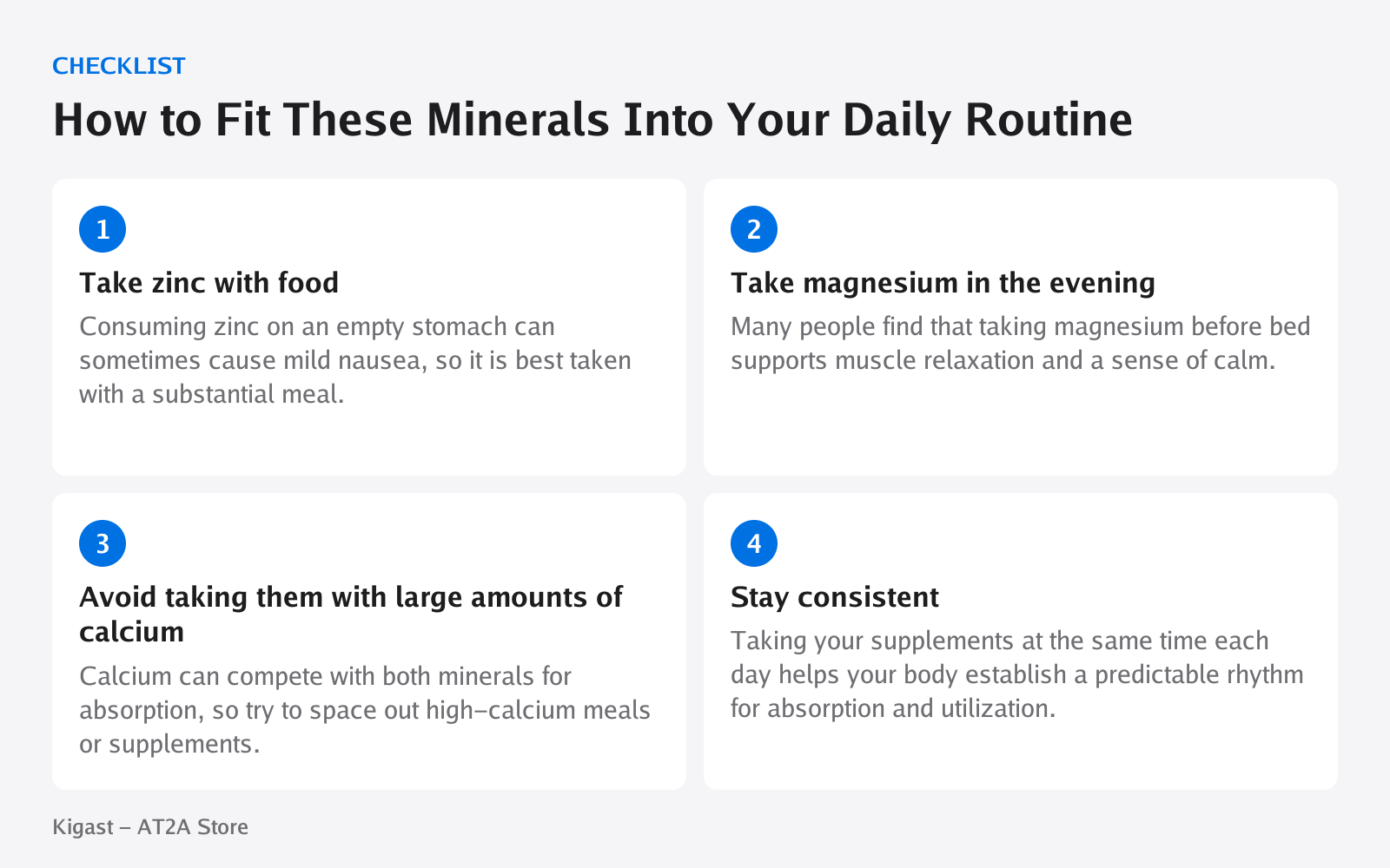 Checklist: How to Fit These Minerals Into Your Daily Routine, covering Take zinc with food, Take magnesium in the evening, Avoid taking them with large amounts of calcium, Stay consistent
