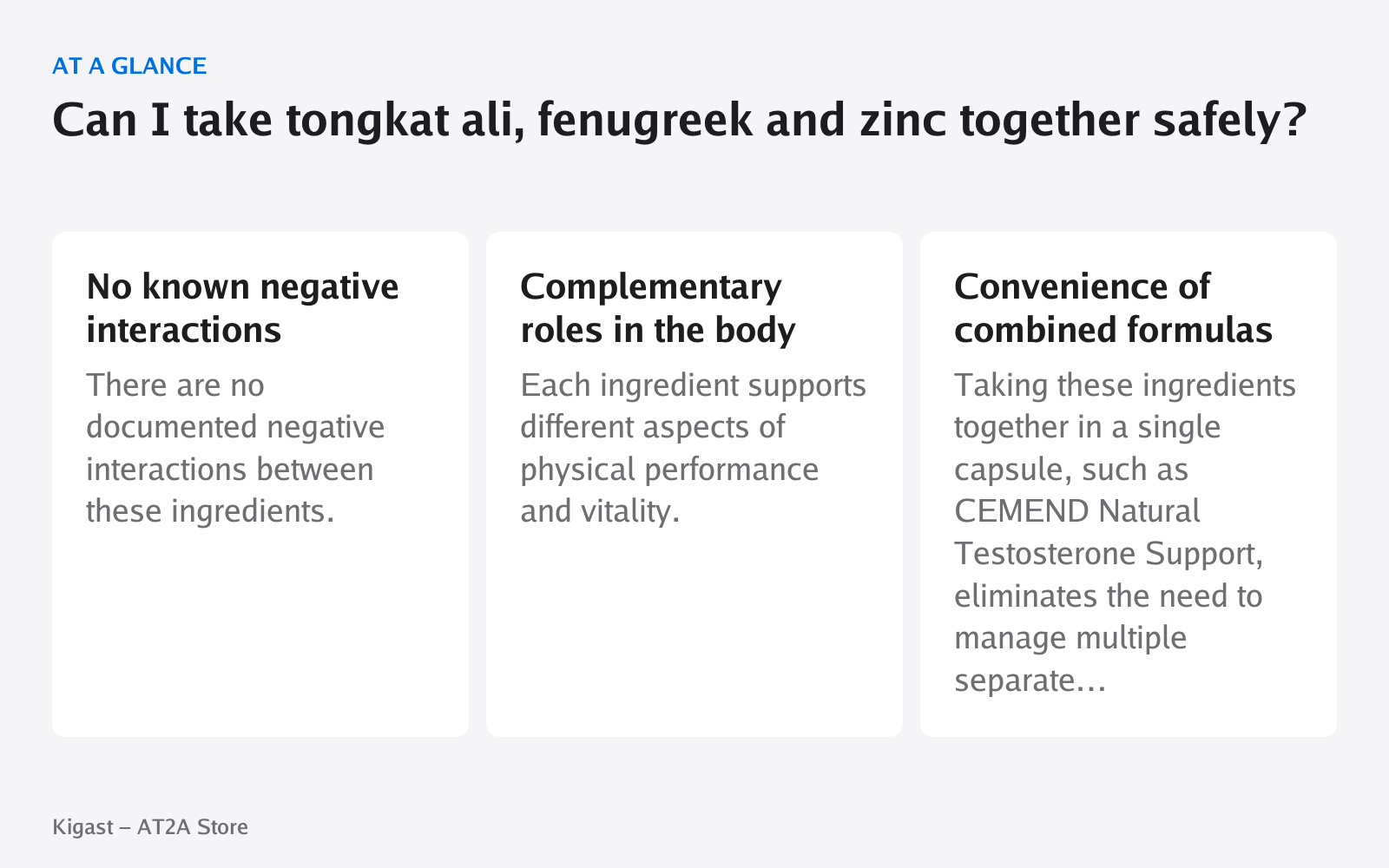 Infographic: Can I take tongkat ali, fenugreek and zinc together safely?, covering No known negative interactions, Complementary roles in the body, Convenience of combined formulas