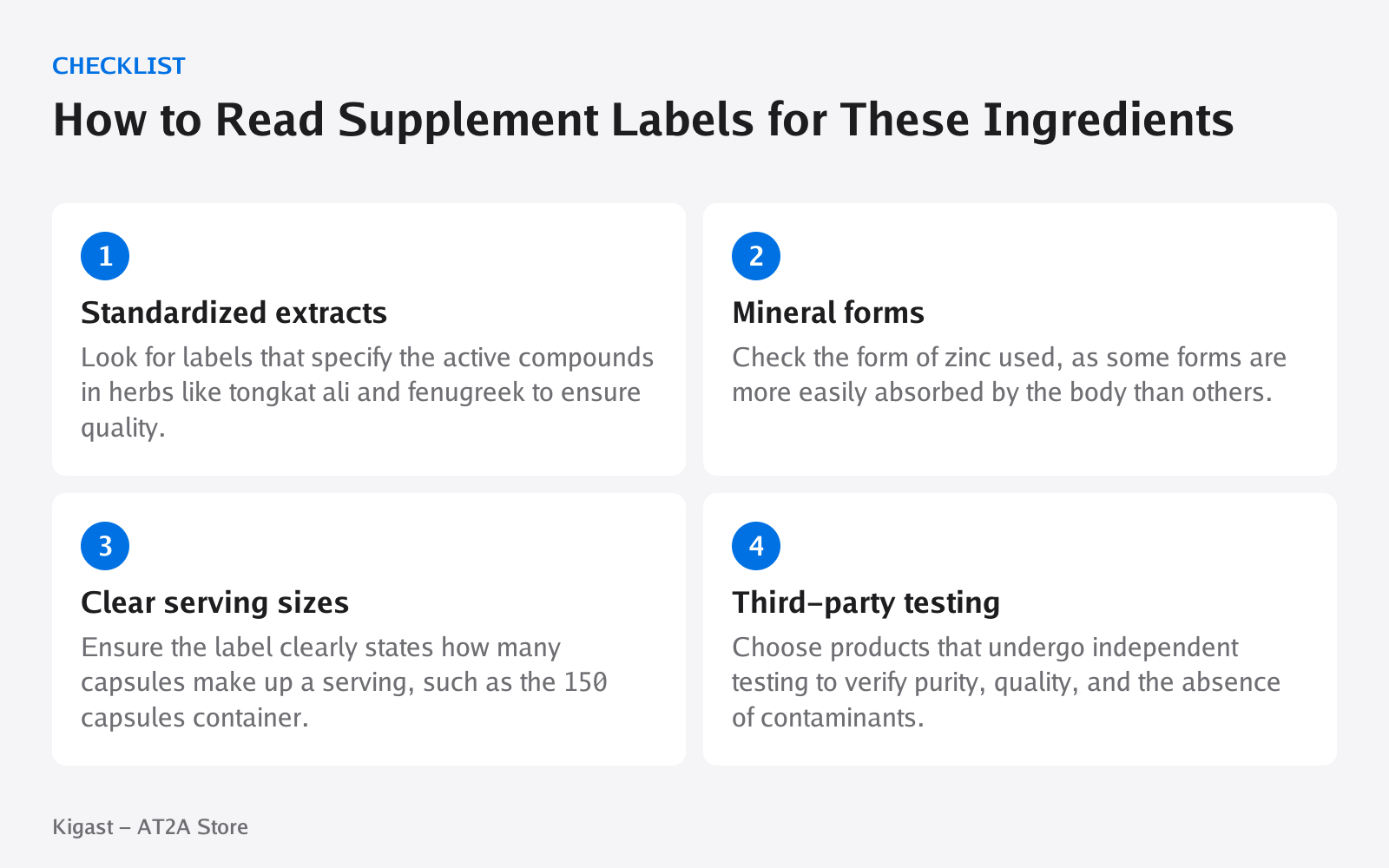 Checklist: How to Read Supplement Labels for These Ingredients, covering Standardized extracts, Mineral forms, Clear serving sizes, Third-party testing