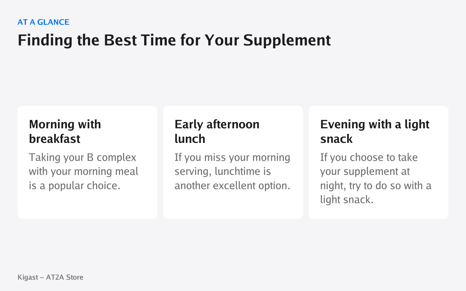 Infographic: Finding the Best Time for Your Supplement, covering Morning with breakfast, Early afternoon lunch, Evening with a light snack