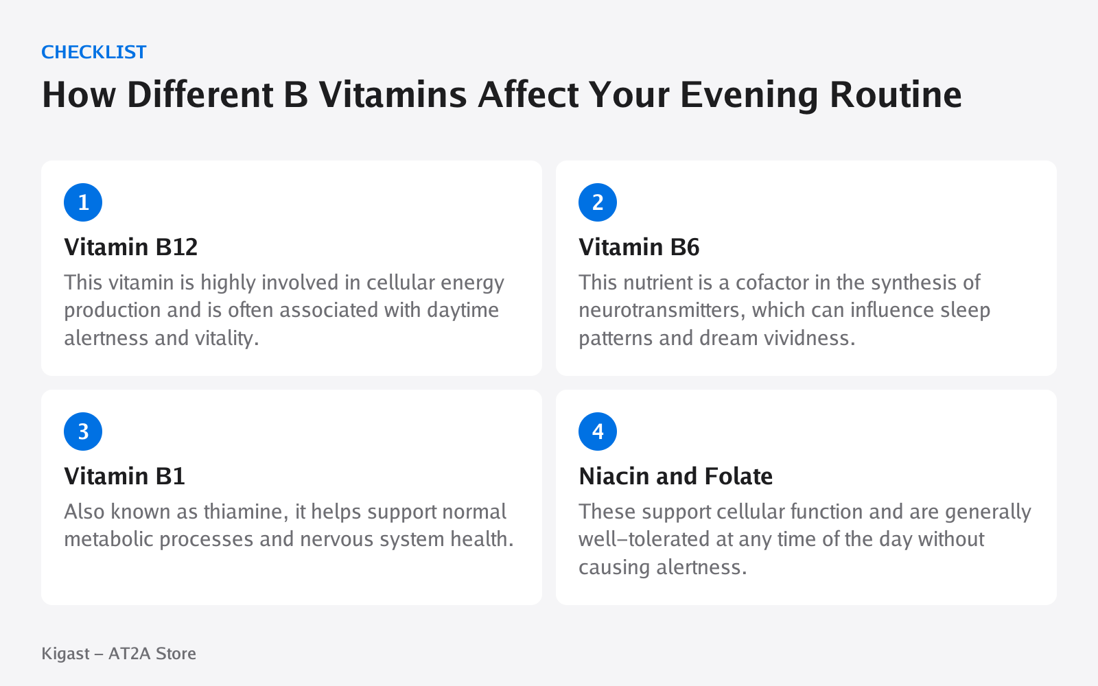 Checklist: How Different B Vitamins Affect Your Evening Routine, covering Vitamin B12, Vitamin B6, Vitamin B1, Niacin and Folate