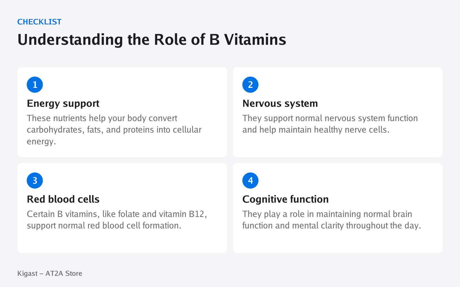 Checklist: Understanding the Role of B Vitamins, covering Energy support, Nervous system, Red blood cells, Cognitive function