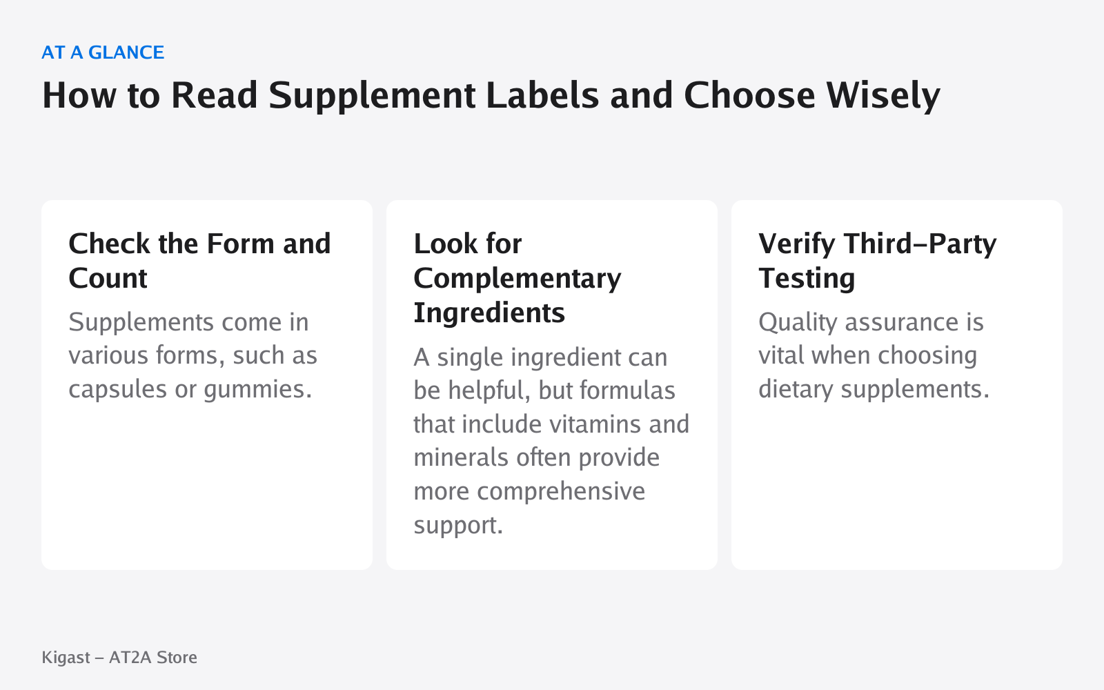 Infographic: How to Read Supplement Labels and Choose Wisely, covering Check the Form and Count, Look for Complementary Ingredients, Verify Third-Party Testing