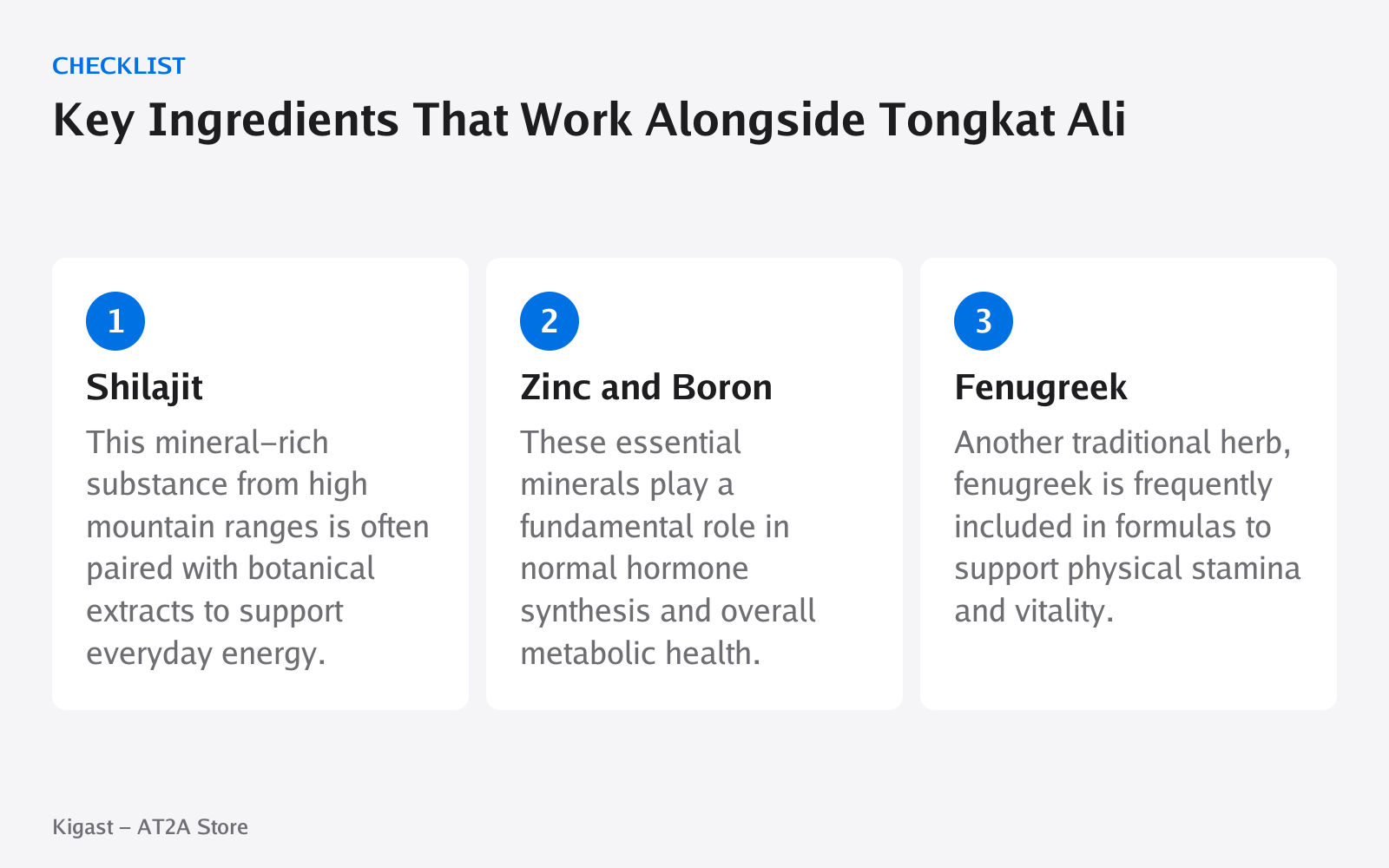Checklist: Key Ingredients That Work Alongside Tongkat Ali, covering Shilajit, Zinc and Boron, Fenugreek