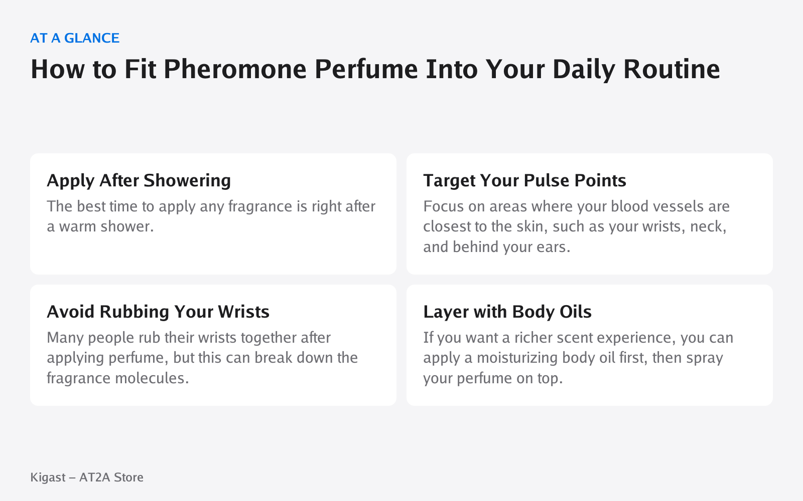 Infographic: How to Fit Pheromone Perfume Into Your Daily Routine, covering Apply After Showering, Target Your Pulse Points, Avoid Rubbing Your Wrists, Layer with Body Oils