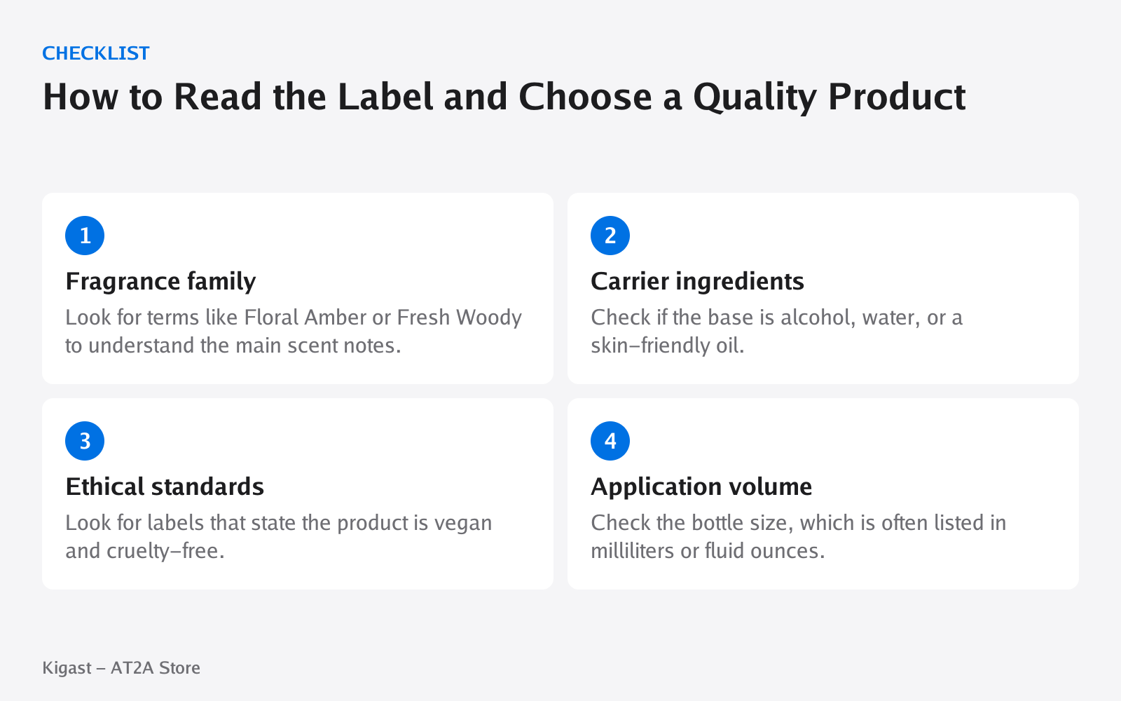 Checklist: How to Read the Label and Choose a Quality Product, covering Fragrance family, Carrier ingredients, Ethical standards, Application volume