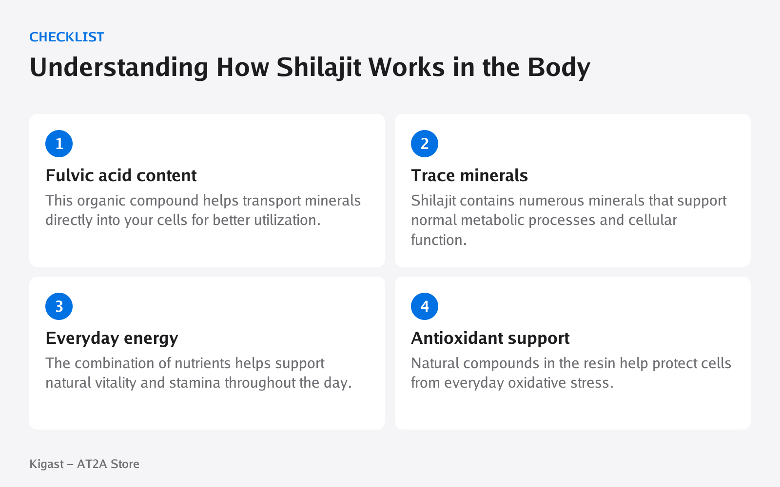 Checklist: Understanding How Shilajit Works in the Body, covering Fulvic acid content, Trace minerals, Everyday energy, Antioxidant support