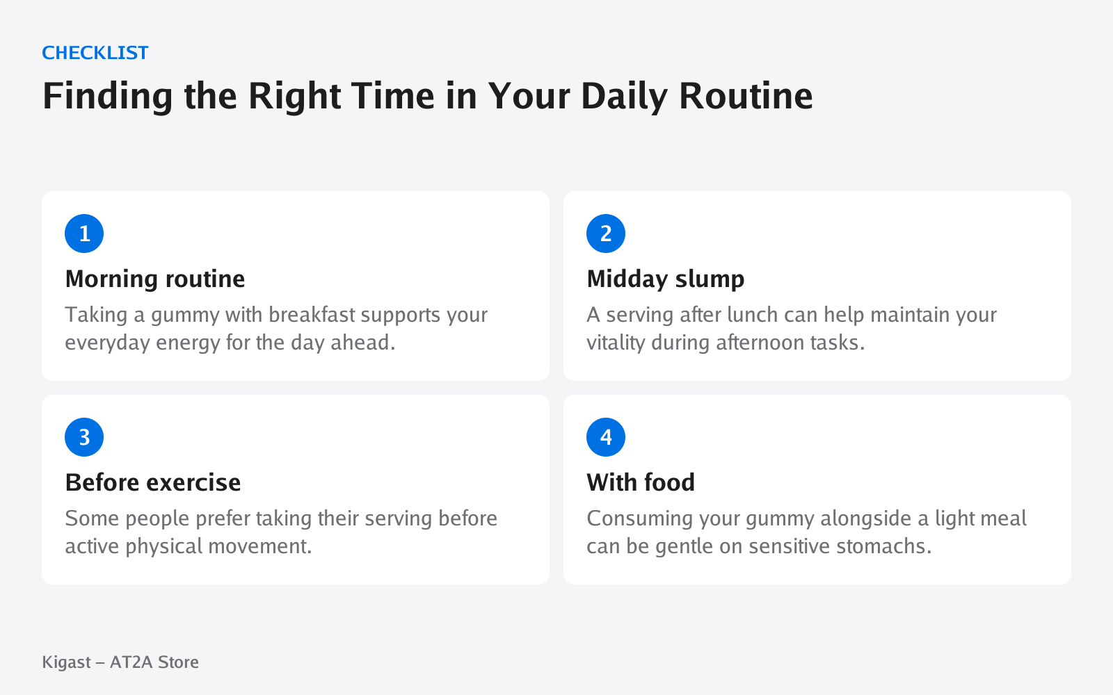 Checklist: Finding the Right Time in Your Daily Routine, covering Morning routine, Midday slump, Before exercise, With food