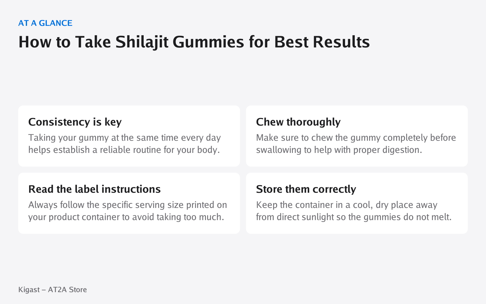 Infographic: How to Take Shilajit Gummies for Best Results, covering Consistency is key, Chew thoroughly, Read the label instructions, Store them correctly