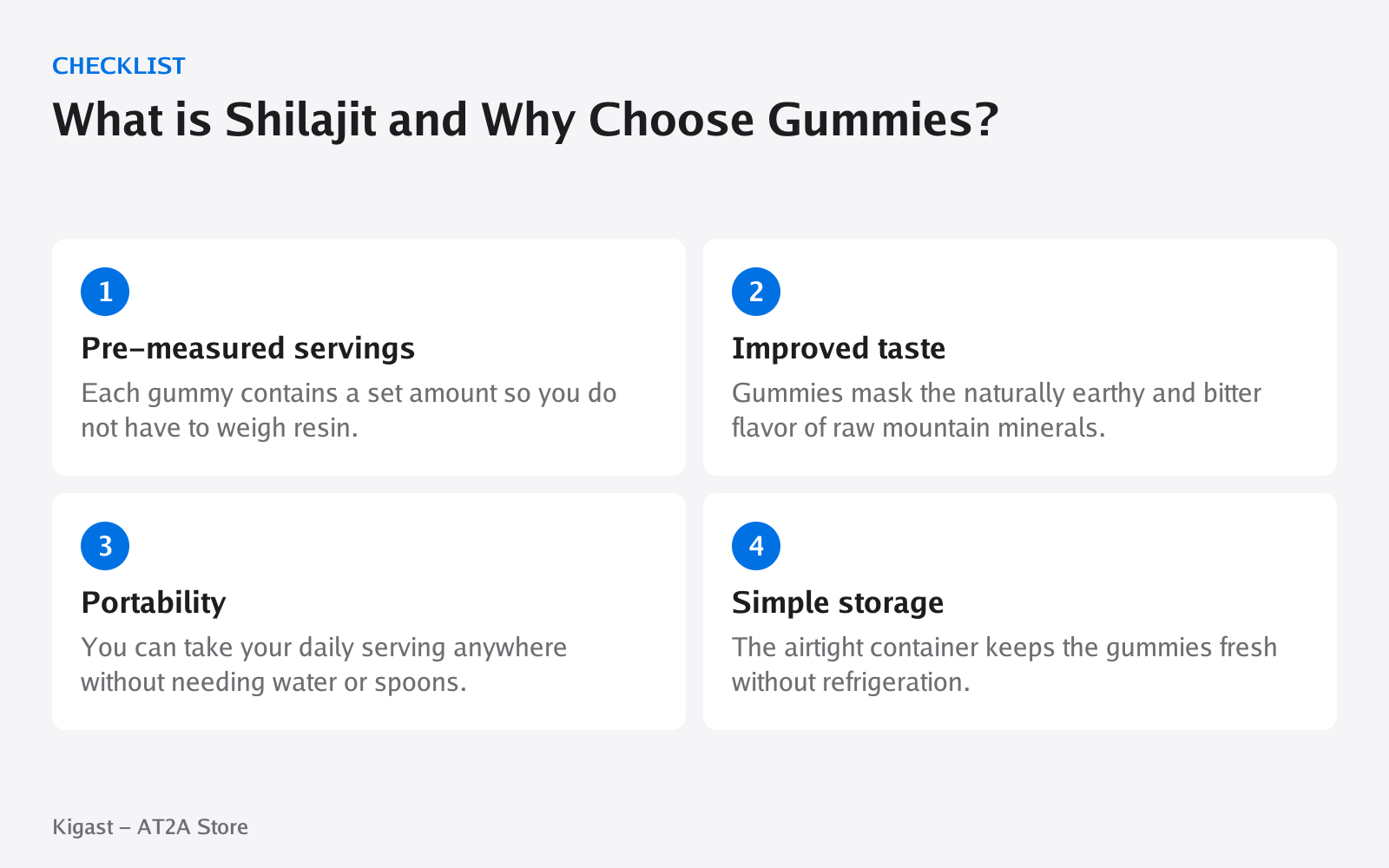 Checklist: What is Shilajit and Why Choose Gummies?, covering Pre-measured servings, Improved taste, Portability, Simple storage