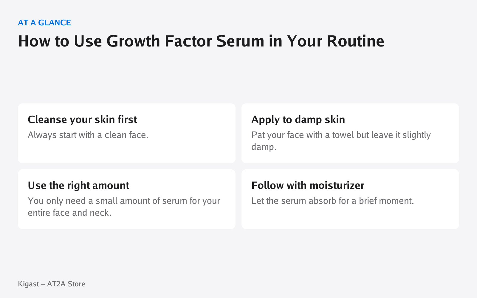 Infographic: How to Use Growth Factor Serum in Your Routine, covering Cleanse your skin first, Apply to damp skin, Use the right amount, Follow with moisturizer