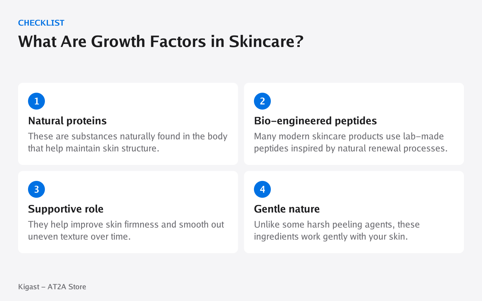 Checklist: What Are Growth Factors in Skincare?, covering Natural proteins, Bio-engineered peptides, Supportive role, Gentle nature