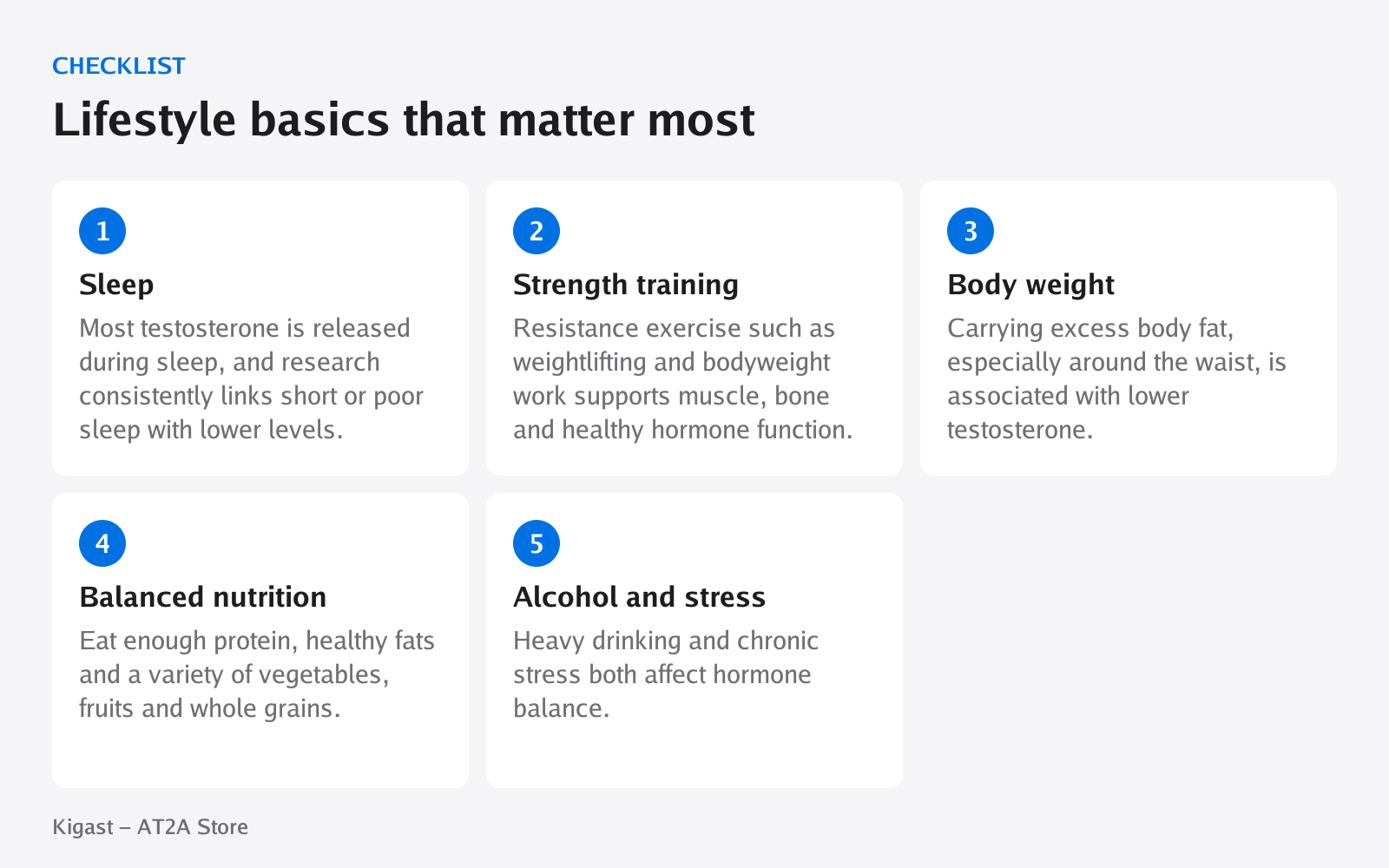 Checklist: Lifestyle basics that matter most, covering Sleep, Strength training, Body weight, Balanced nutrition, Alcohol and stress