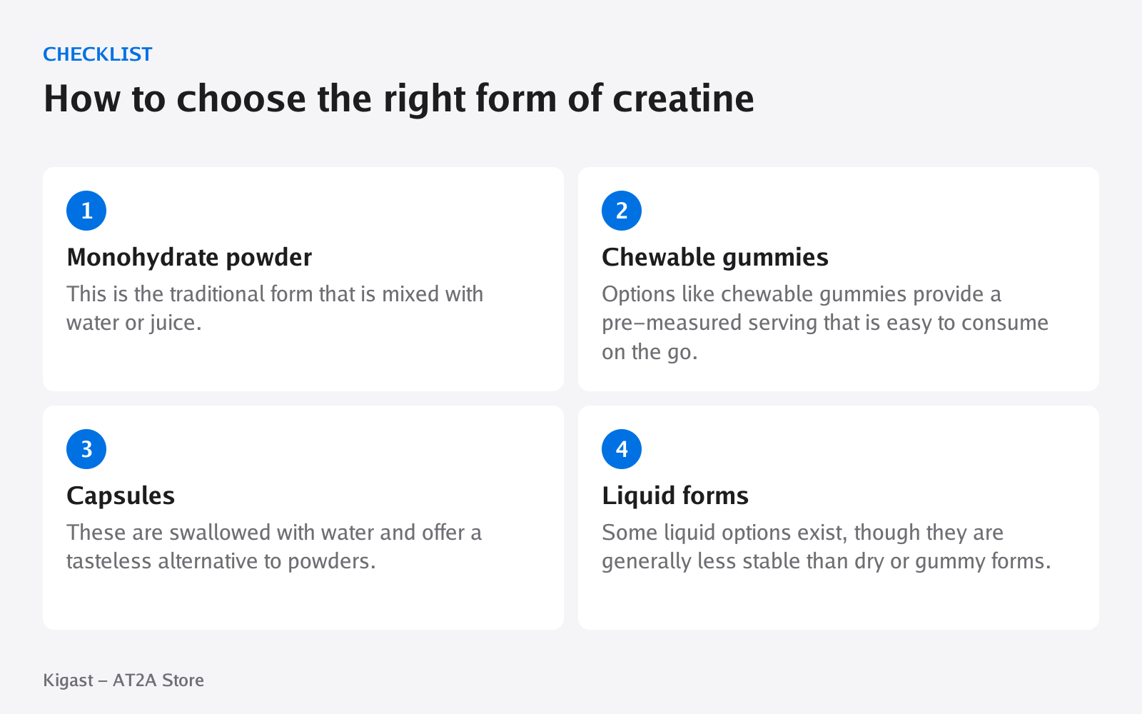 Checklist: How to choose the right form of creatine, covering Monohydrate powder, Chewable gummies, Capsules, Liquid forms