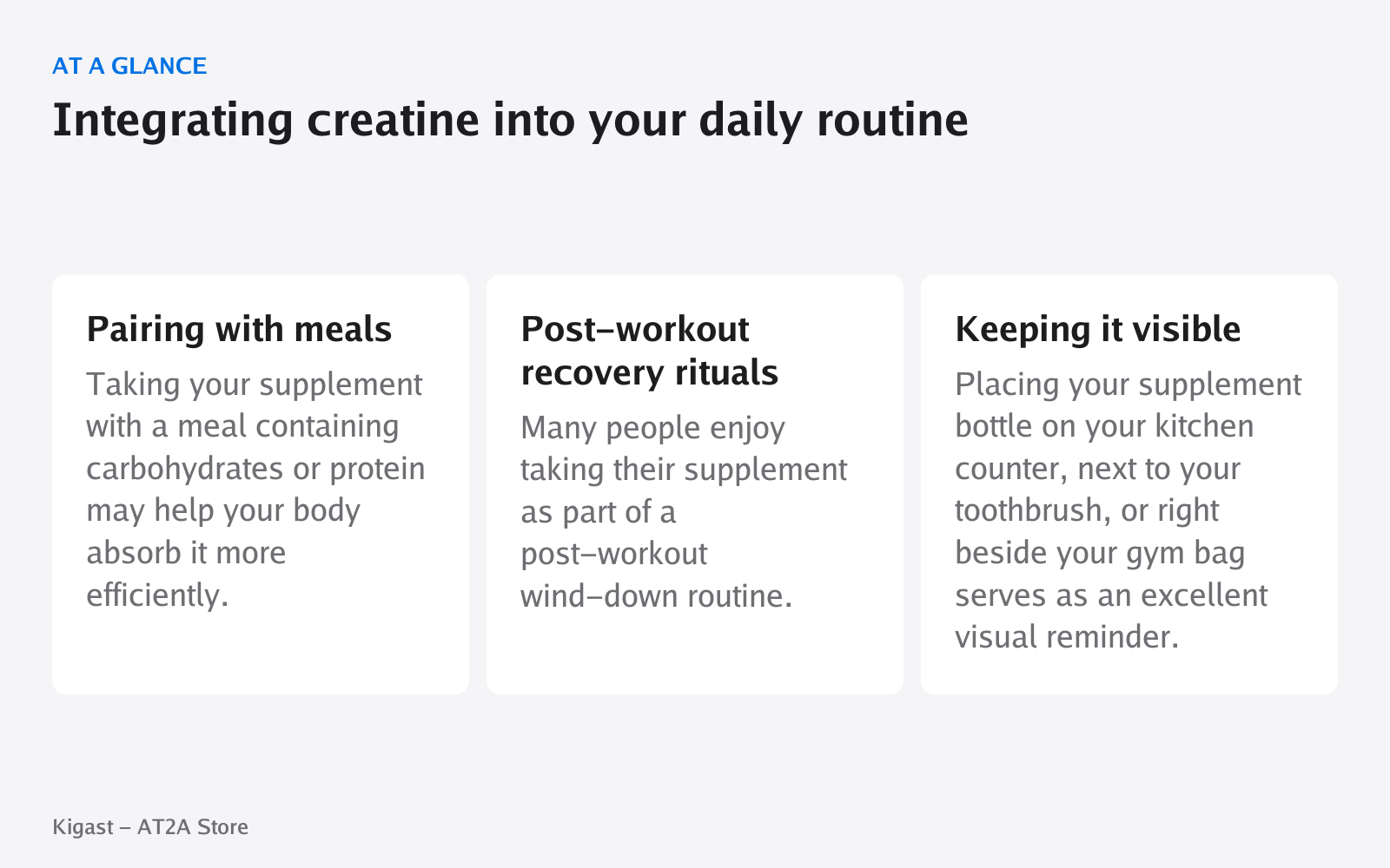 Infographic: Integrating creatine into your daily routine, covering Pairing with meals, Post-workout recovery rituals, Keeping it visible