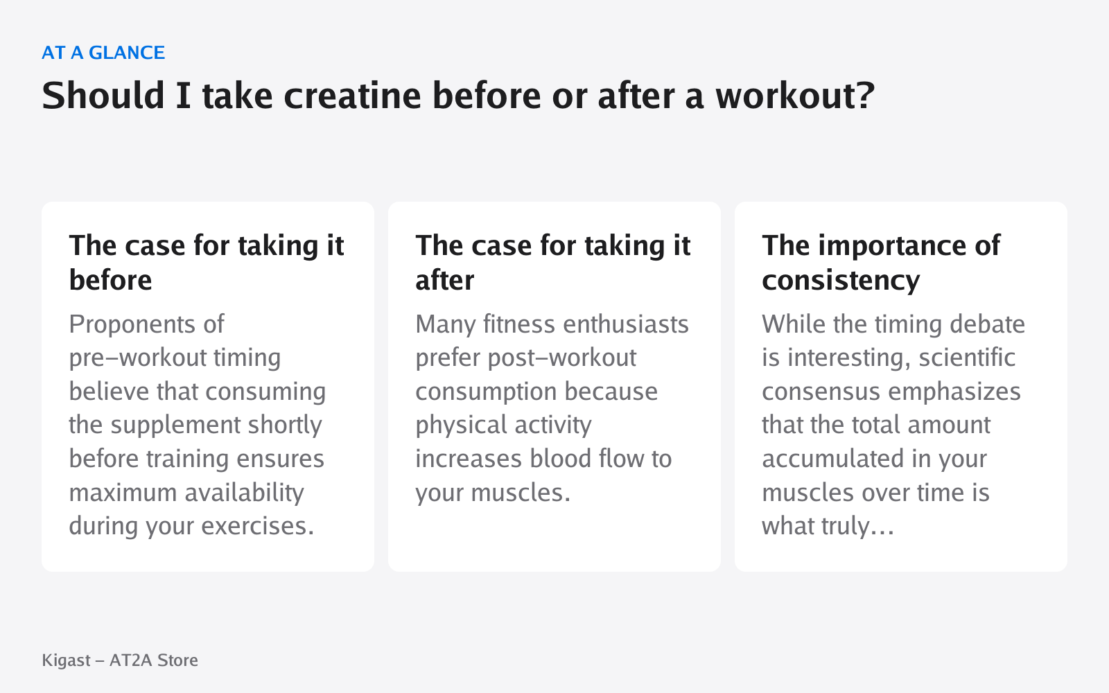 Infographic: Should I take creatine before or after a workout?, covering The case for taking it before, The case for taking it after, The importance of consistency