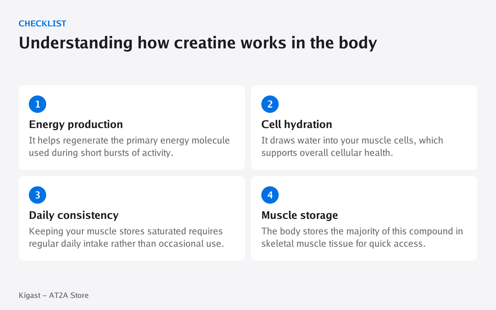 Checklist: Understanding how creatine works in the body, covering Energy production, Cell hydration, Daily consistency, Muscle storage
