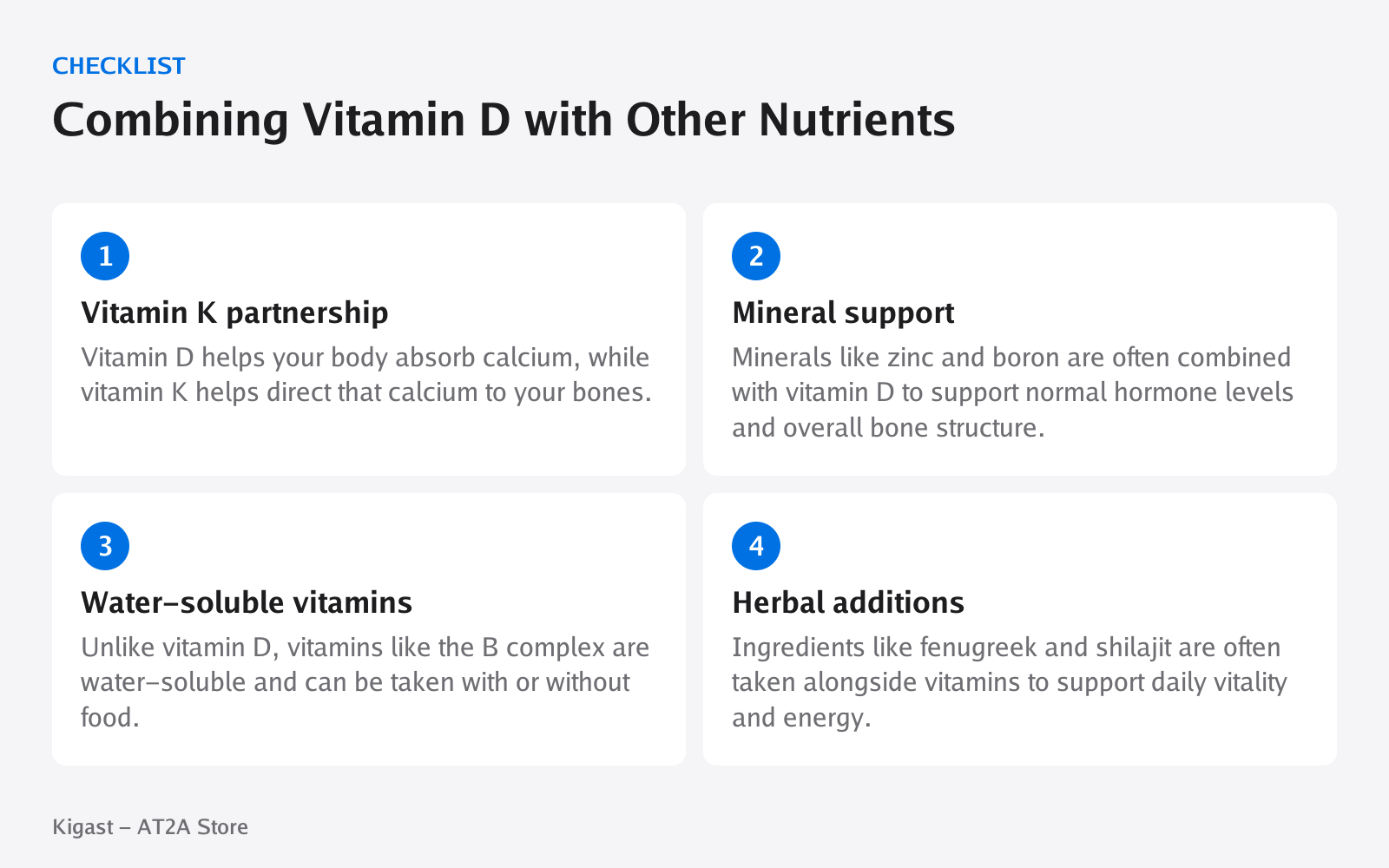Checklist: Combining Vitamin D with Other Nutrients, covering Vitamin K partnership, Mineral support, Water-soluble vitamins, Herbal additions