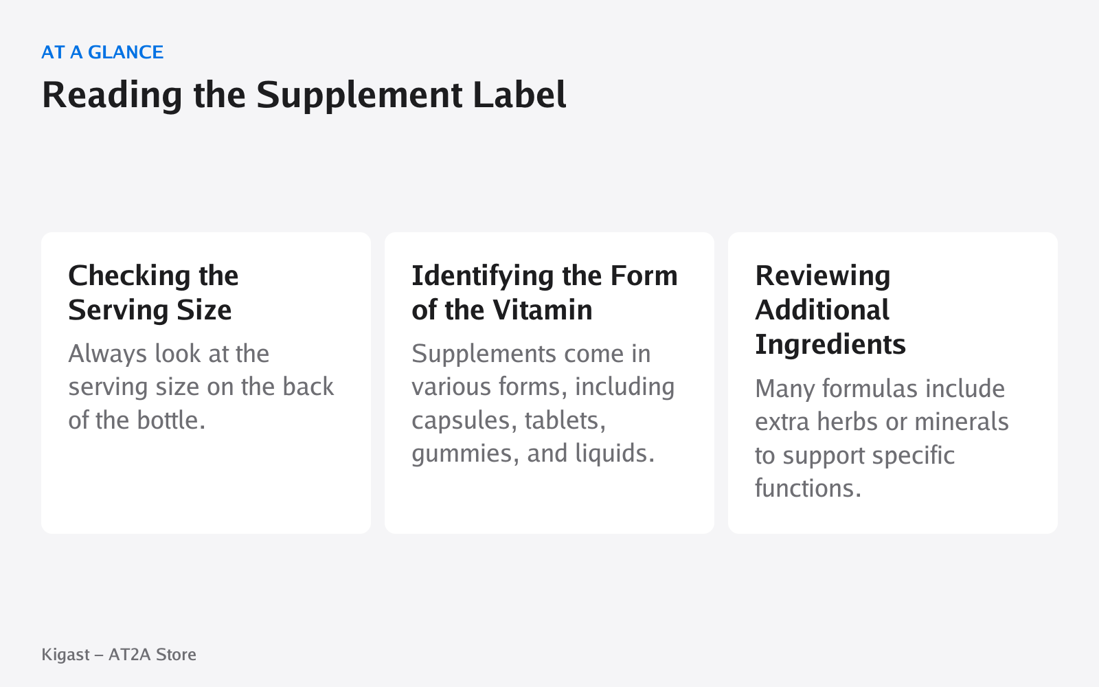 Infographic: Reading the Supplement Label, covering Checking the Serving Size, Identifying the Form of the Vitamin, Reviewing Additional Ingredients
