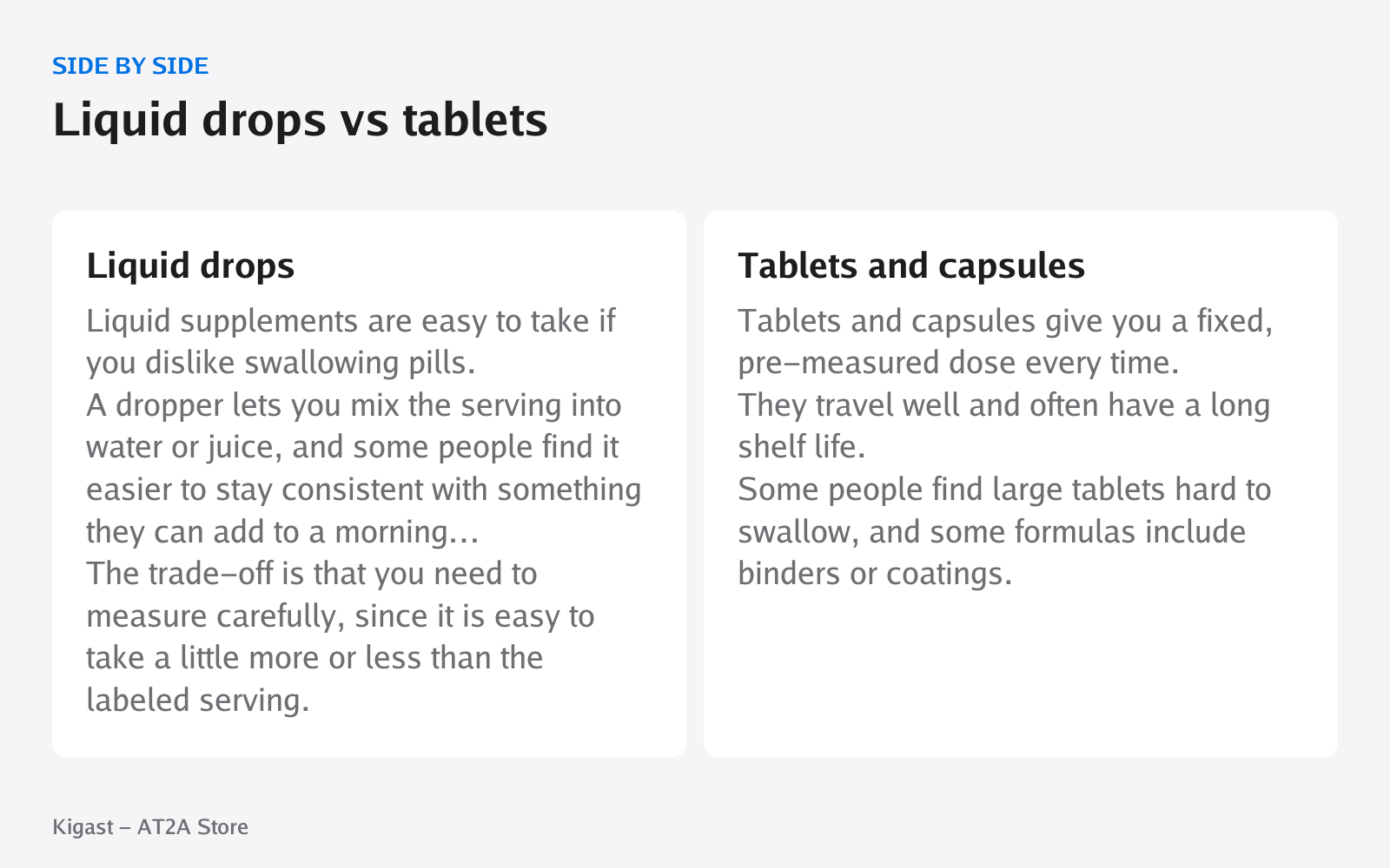 Comparison chart: Liquid drops vs tablets, covering Liquid drops, Tablets and capsules