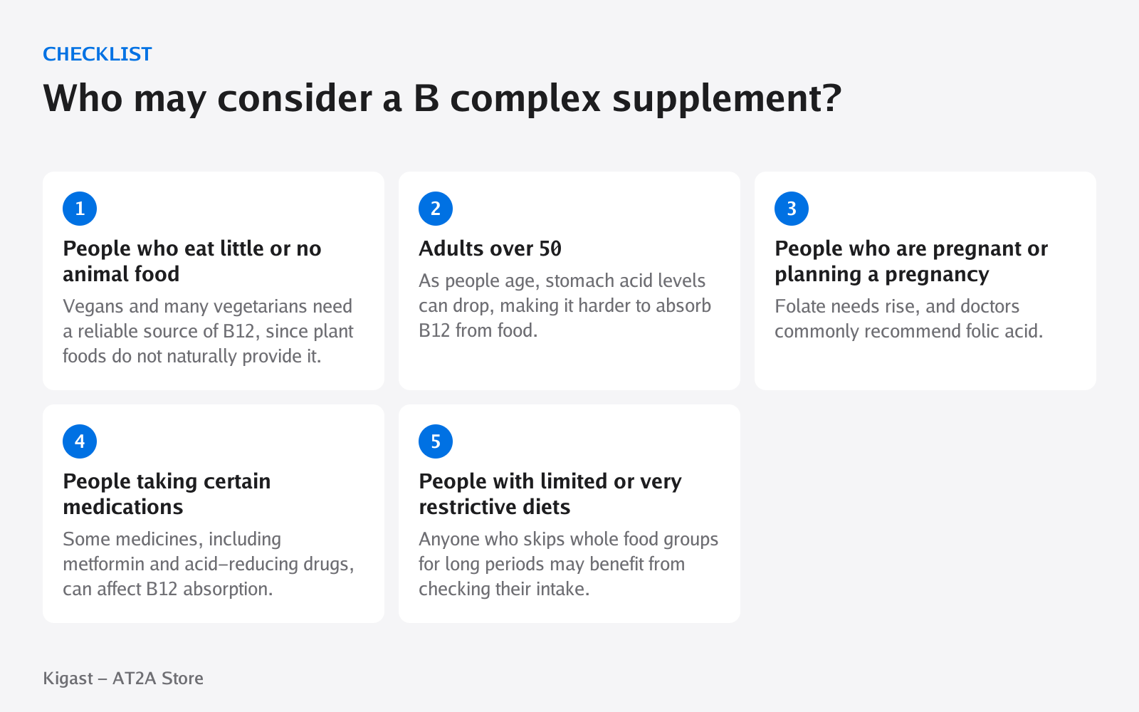 Checklist: Who may consider a B complex supplement?, covering People who eat little or no animal food, Adults over 50, People who are pregnant or planning a pregnancy, People taking certain medications, People with limited or very restrictive diets