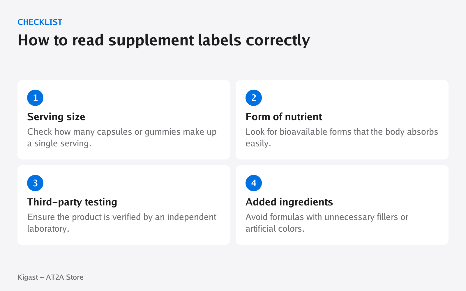 Checklist: How to read supplement labels correctly, covering Serving size, Form of nutrient, Third-party testing, Added ingredients