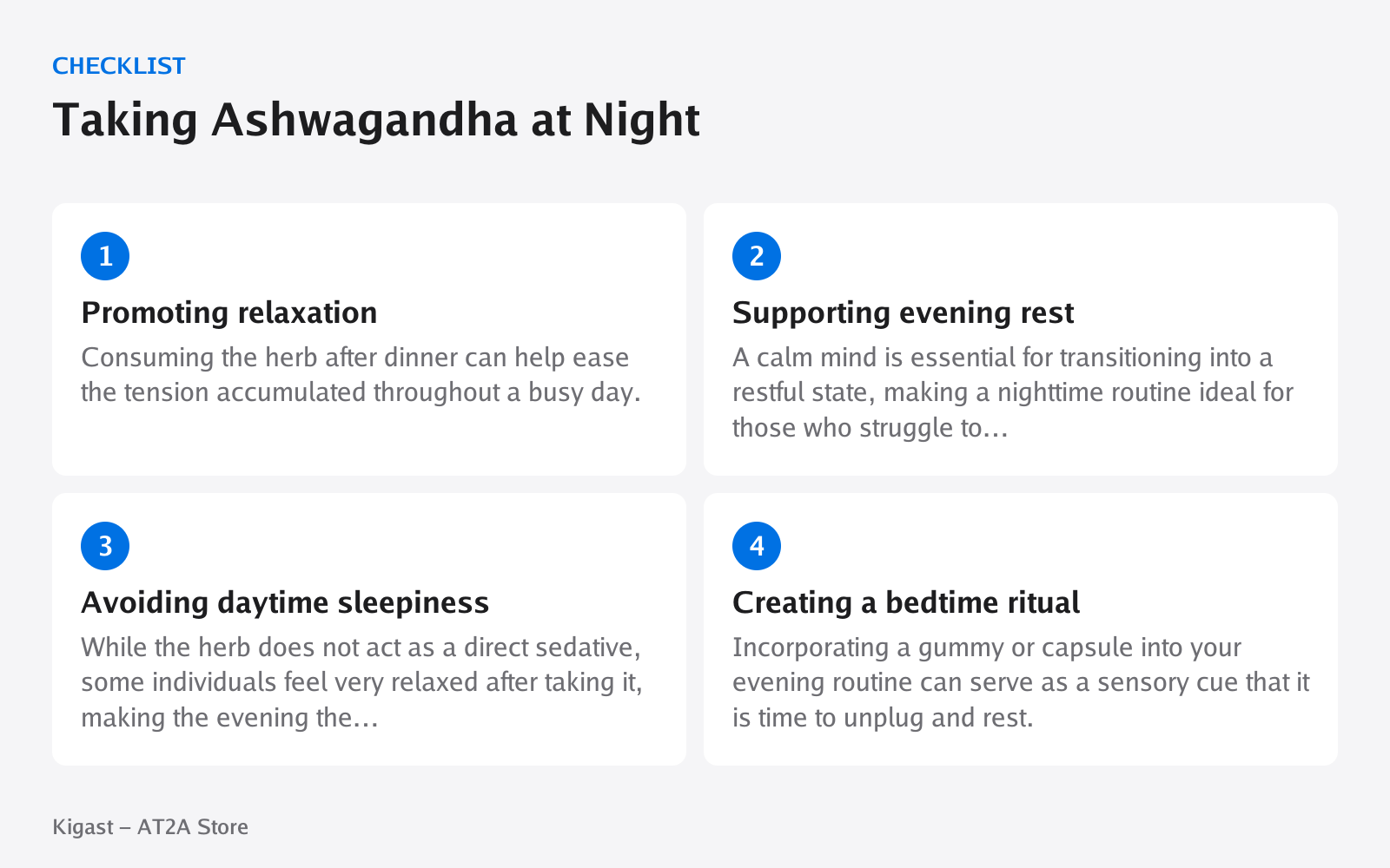 Checklist: Taking Ashwagandha at Night, covering Promoting relaxation, Supporting evening rest, Avoiding daytime sleepiness, Creating a bedtime ritual