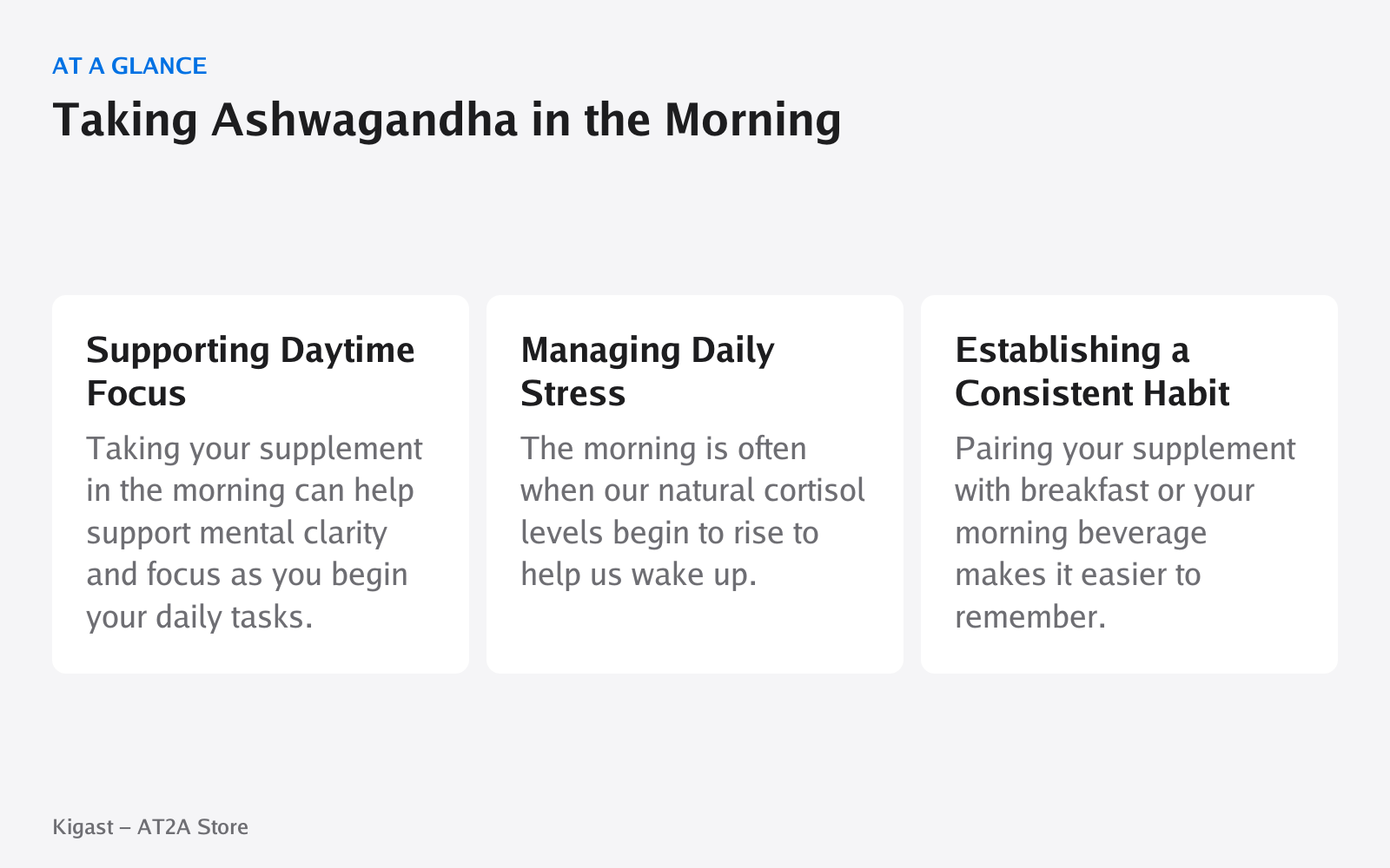 Infographic: Taking Ashwagandha in the Morning, covering Supporting Daytime Focus, Managing Daily Stress, Establishing a Consistent Habit