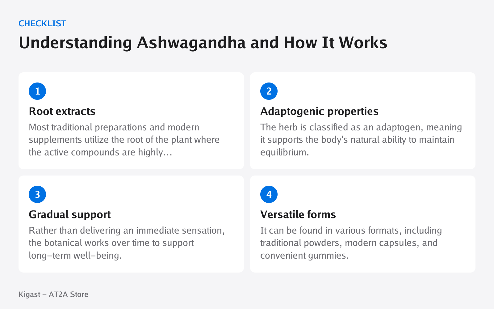 Checklist: Understanding Ashwagandha and How It Works, covering Root extracts, Adaptogenic properties, Gradual support, Versatile forms