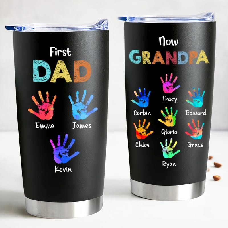20oz Family - First Dad Now Grandpa Handprints - Personalized Tumbler (BL)